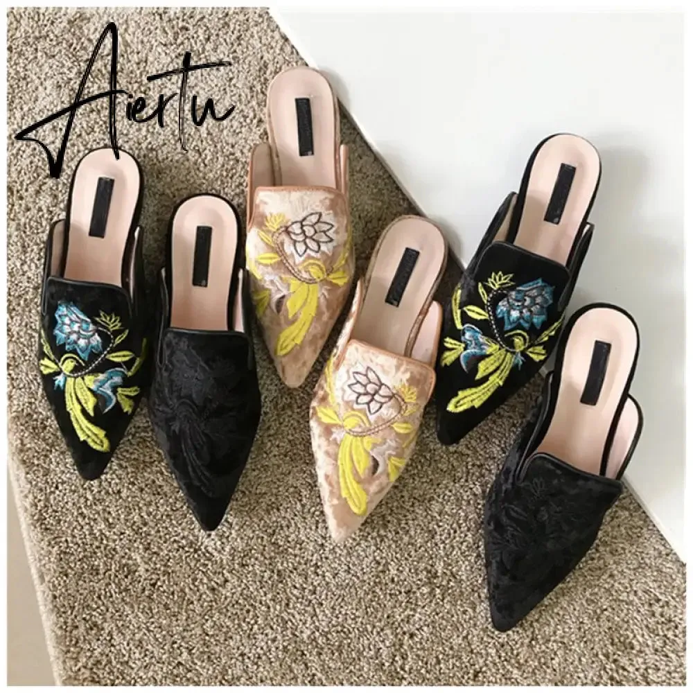 Aiertu  Spring Women Slipper Embroidery Flower Sandal Shoes Slip On Pointed Toe Mules Low Heel Casual Slides Big Size 41