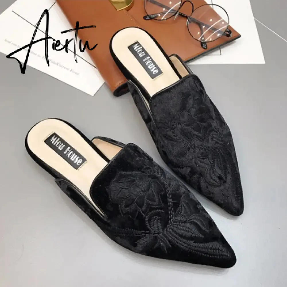 Aiertu  Spring Women Slipper Embroidery Flower Sandal Shoes Slip On Pointed Toe Mules Low Heel Casual Slides Big Size 41