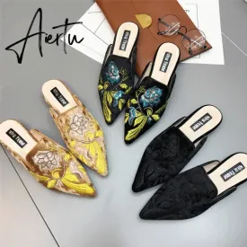 Aiertu  Spring Women Slipper Embroidery Flower Sandal Shoes Slip On Pointed Toe Mules Low Heel Casual Slides Big Size 41