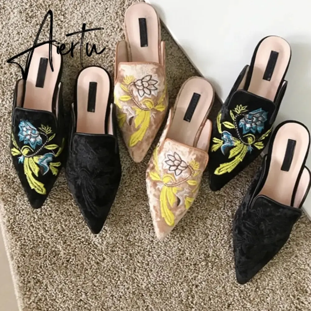 Aiertu  Spring Women Slipper Embroidery Flower Sandal Shoes Slip On Pointed Toe Mules Low Heel Casual Slides Big Size 41