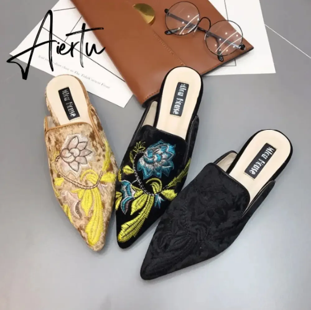 Aiertu  Spring Women Slipper Embroidery Flower Sandal Shoes Slip On Pointed Toe Mules Low Heel Casual Slides Big Size 41