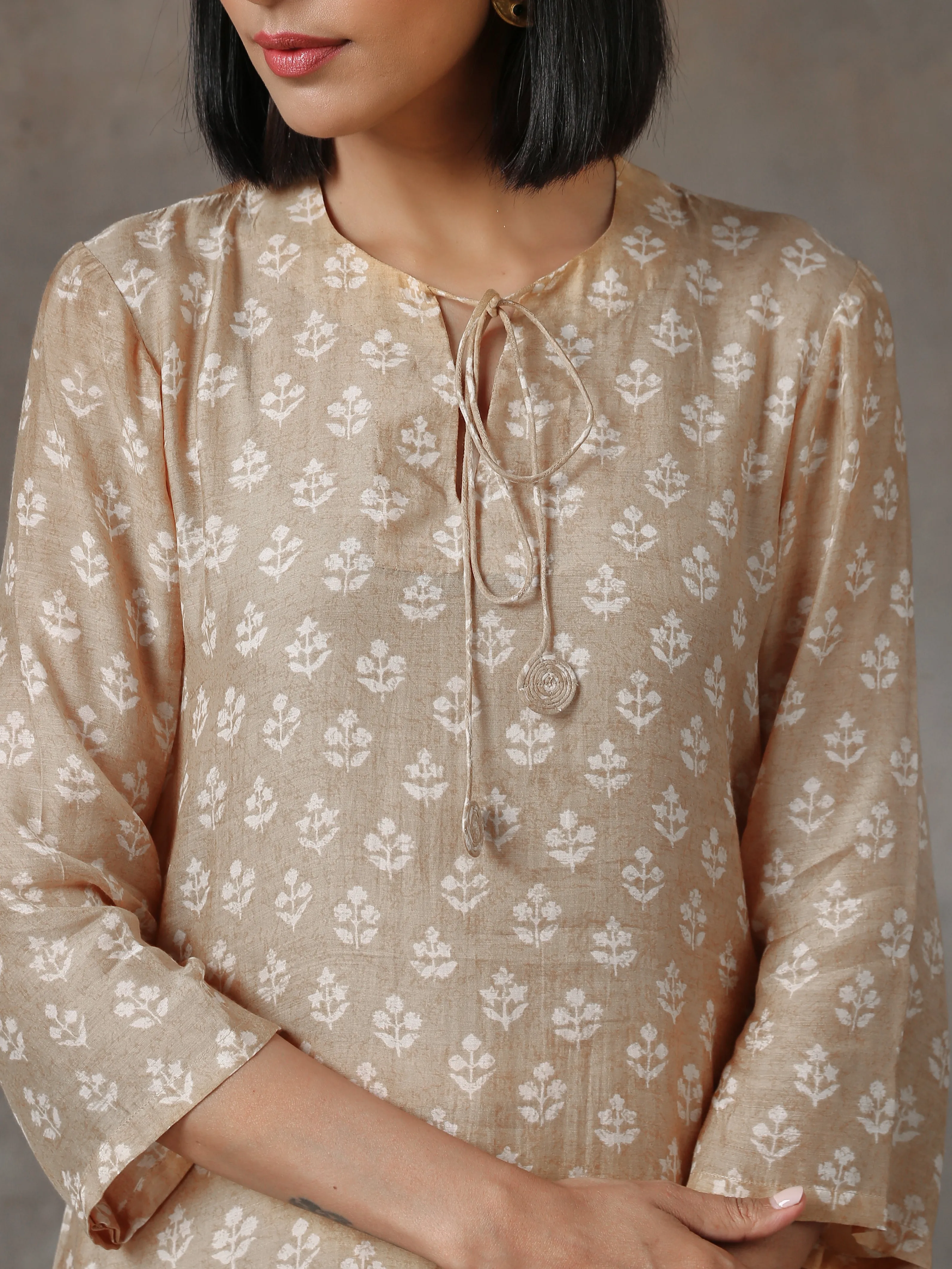 Beige White Printed Silk Co-Ord Set