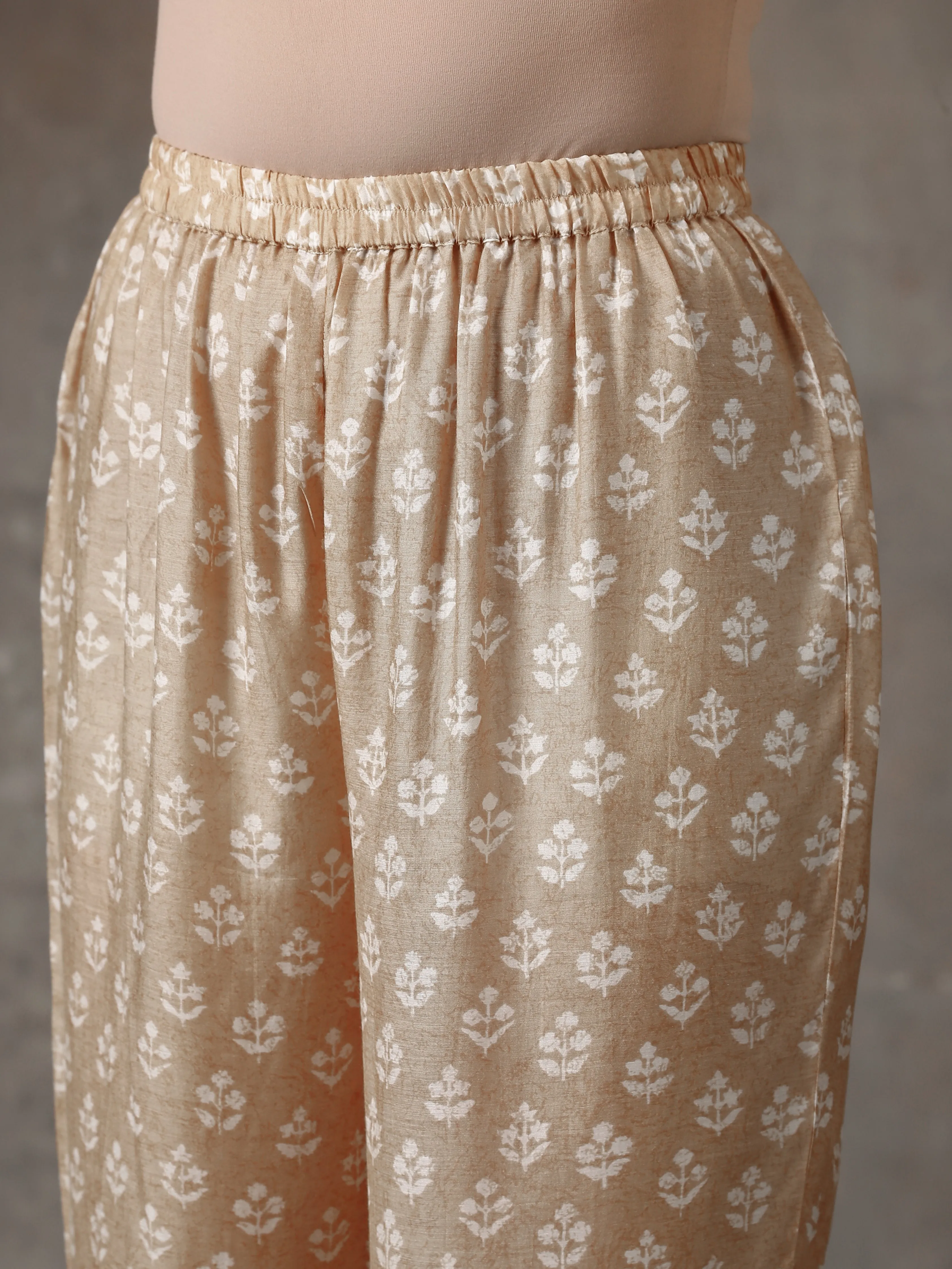 Beige White Printed Silk Co-Ord Set