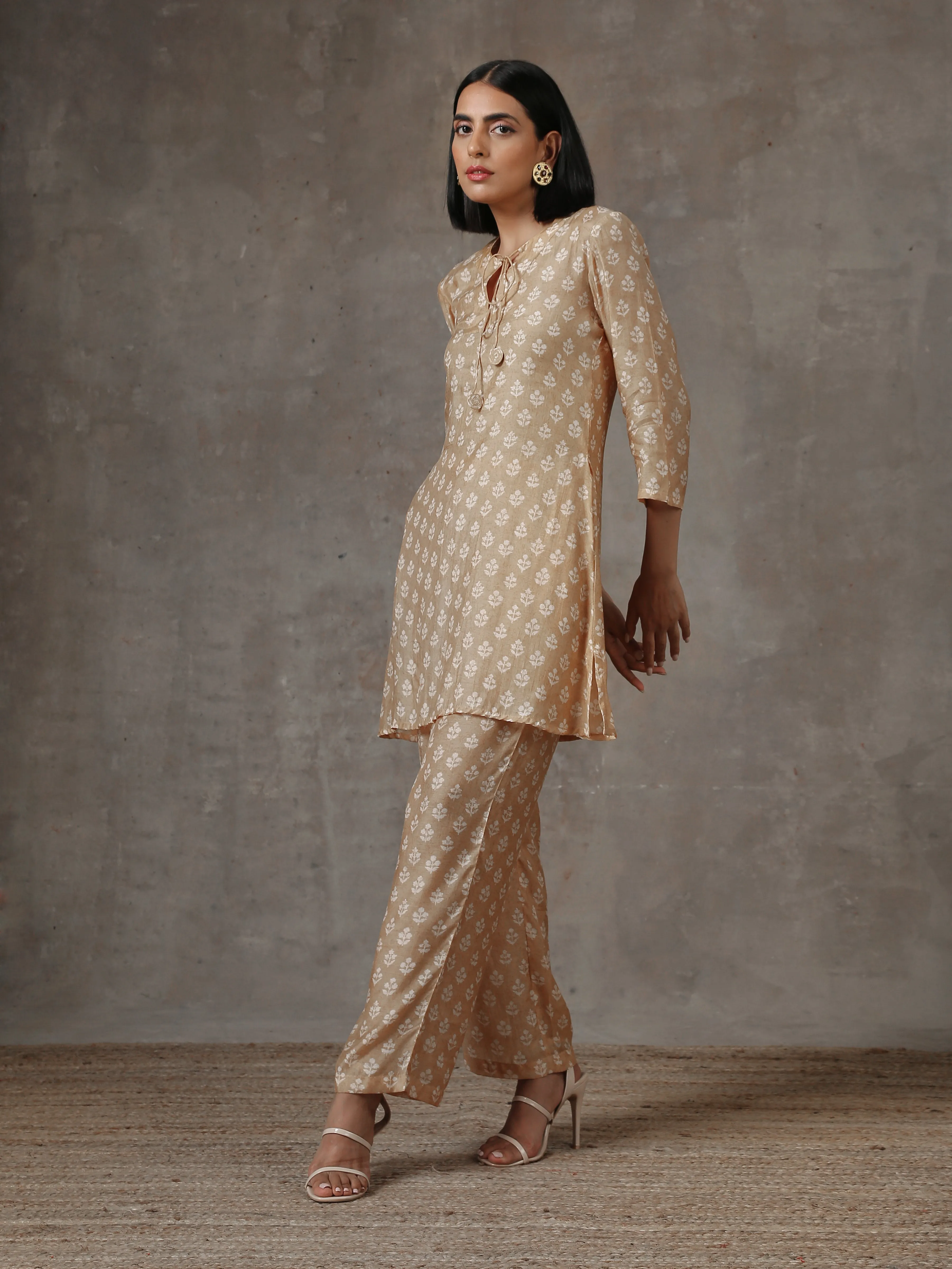 Beige White Printed Silk Co-Ord Set