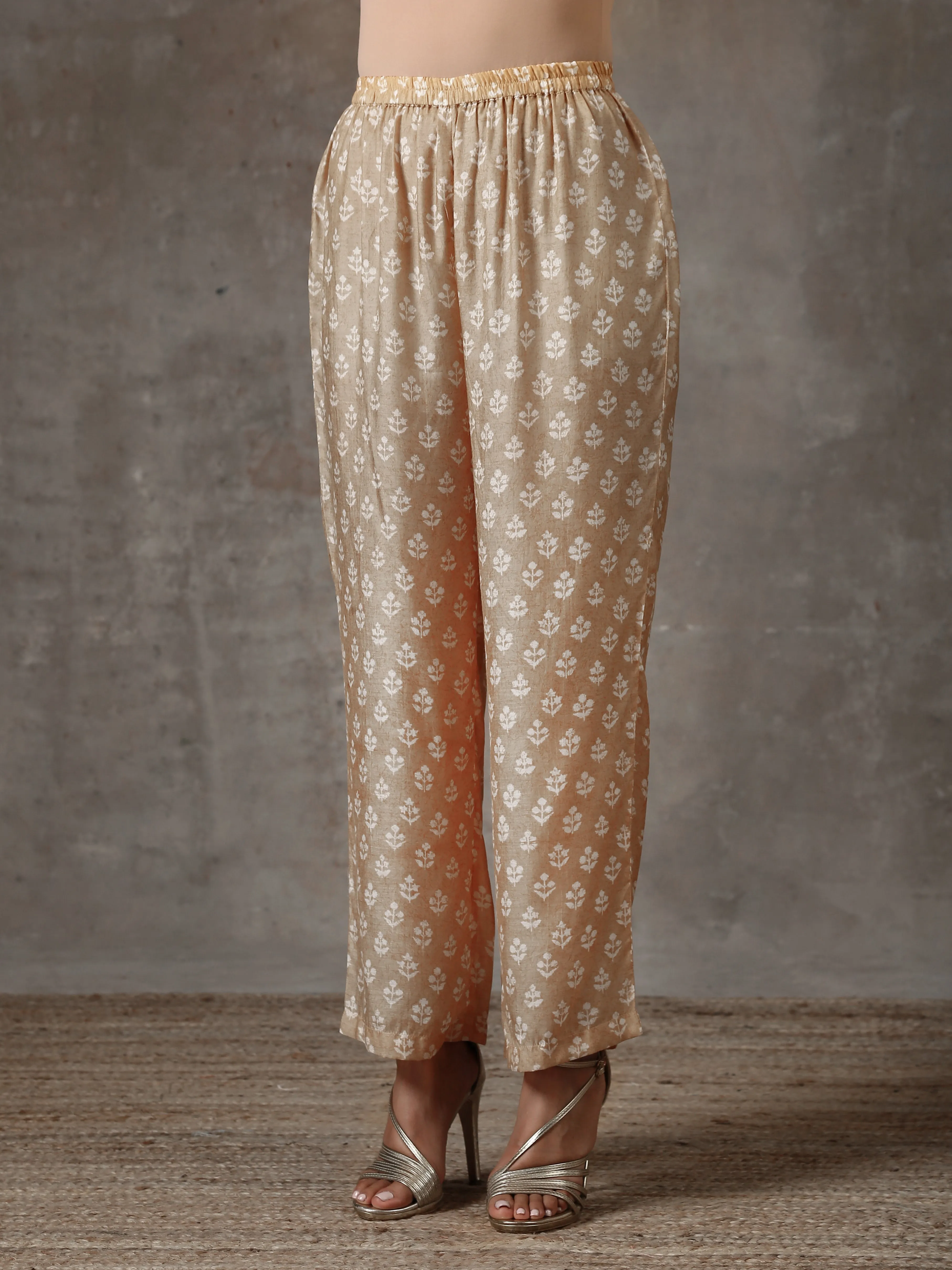 Beige White Printed Silk Co-Ord Set