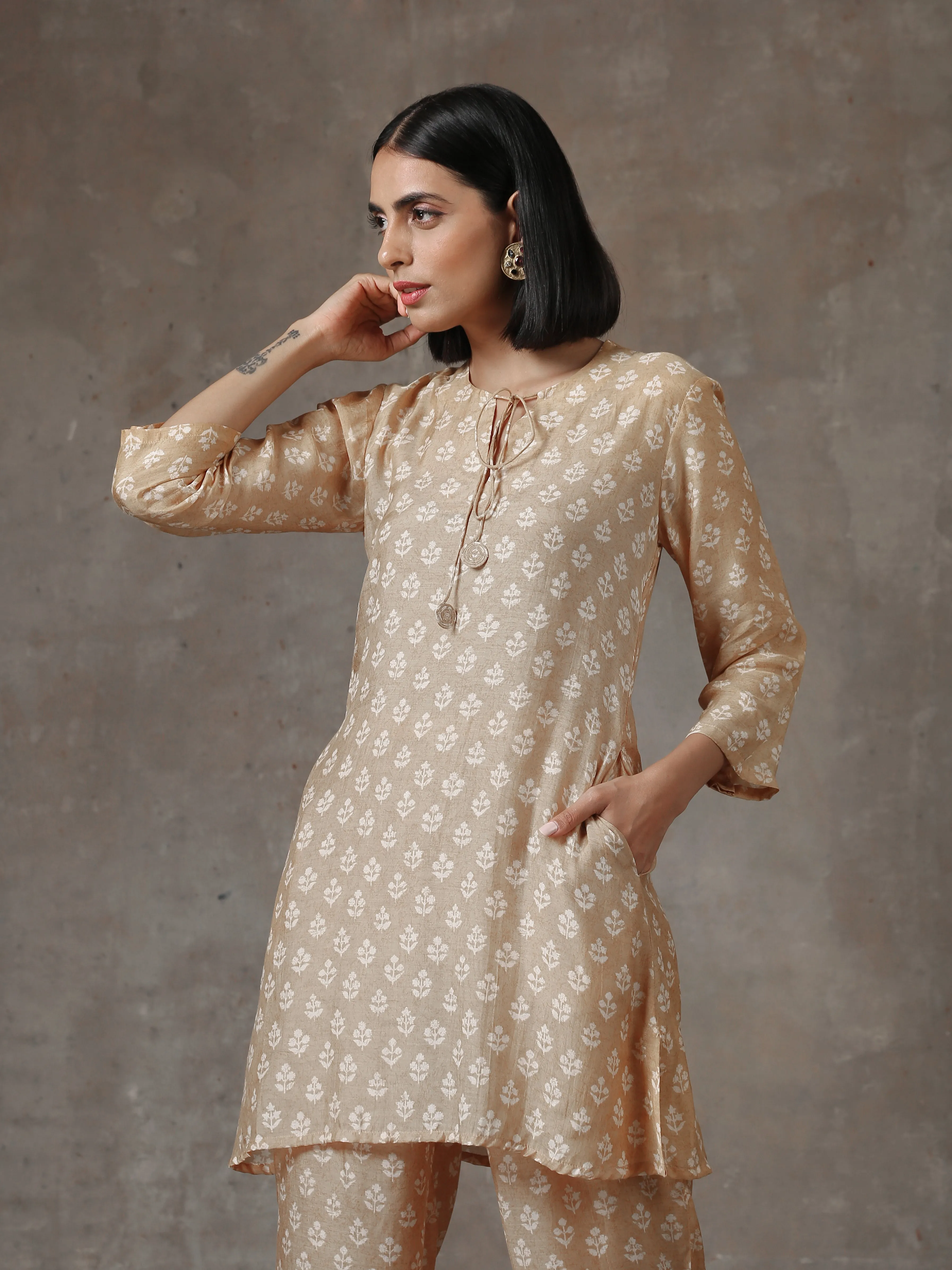 Beige White Printed Silk Co-Ord Set