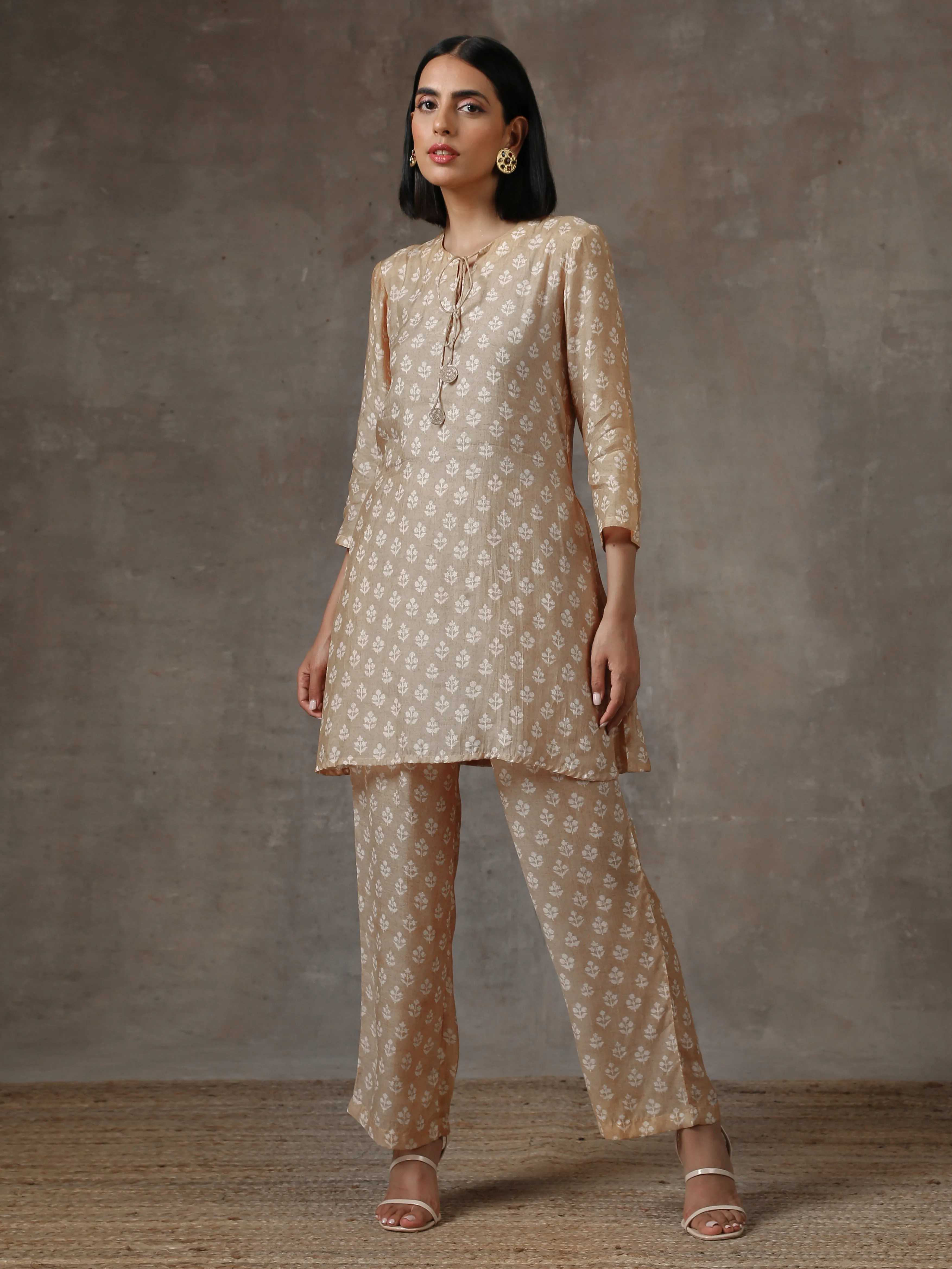 Beige White Printed Silk Co-Ord Set