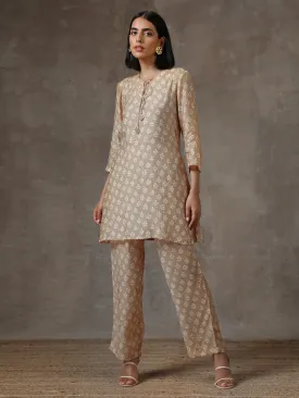 Beige White Printed Silk Co-Ord Set