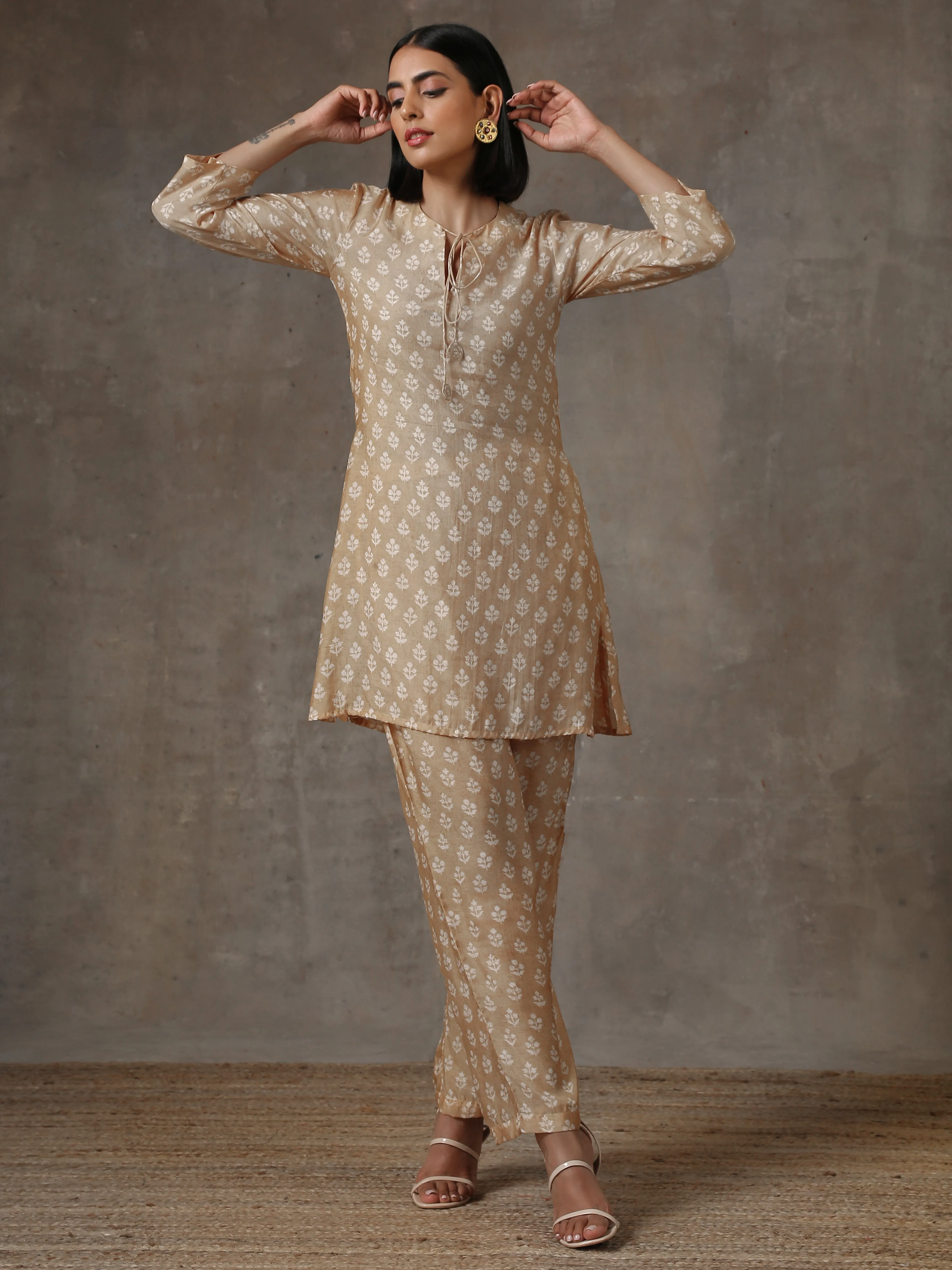 Beige White Printed Silk Co-Ord Set