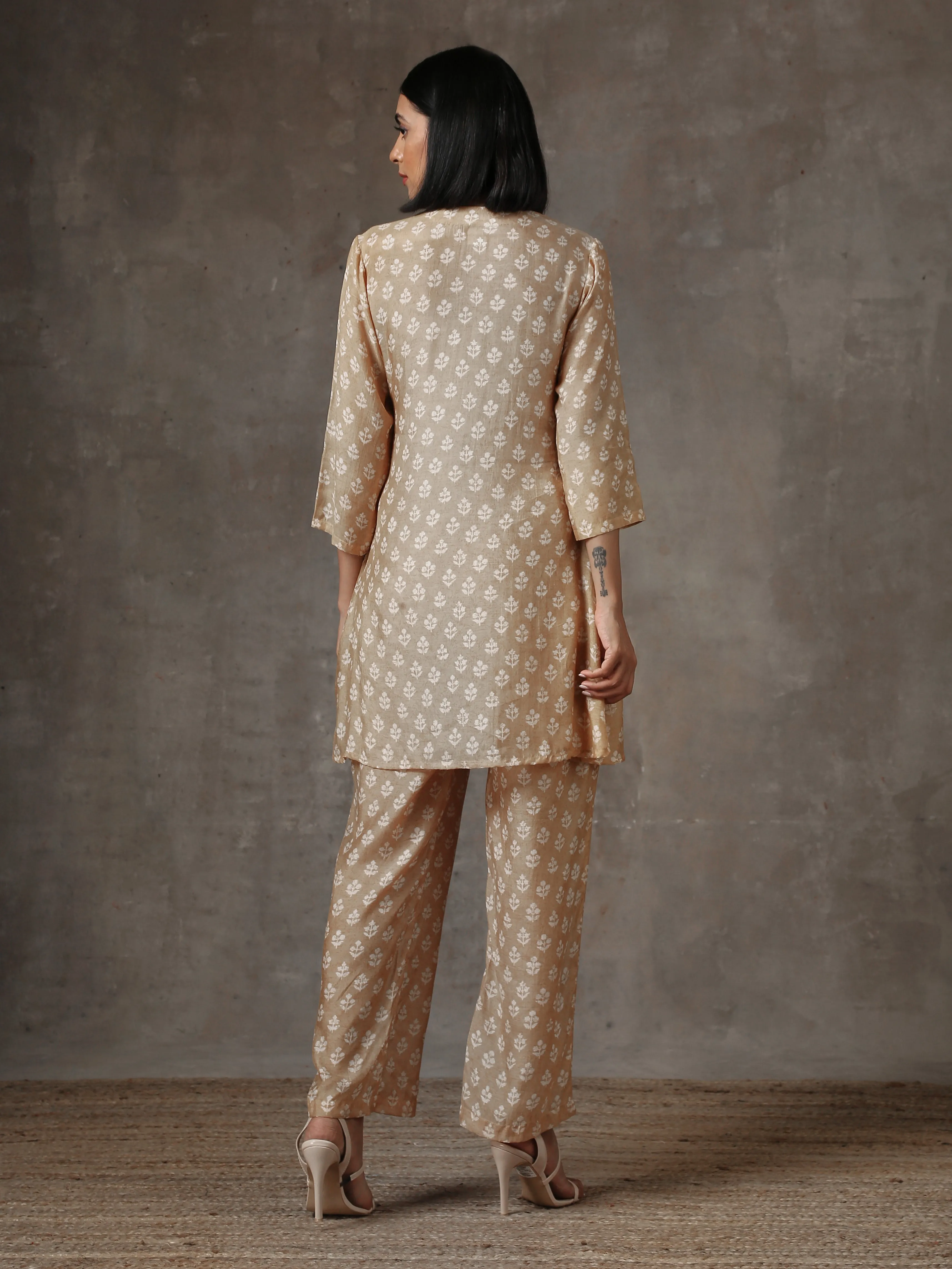 Beige White Printed Silk Co-Ord Set