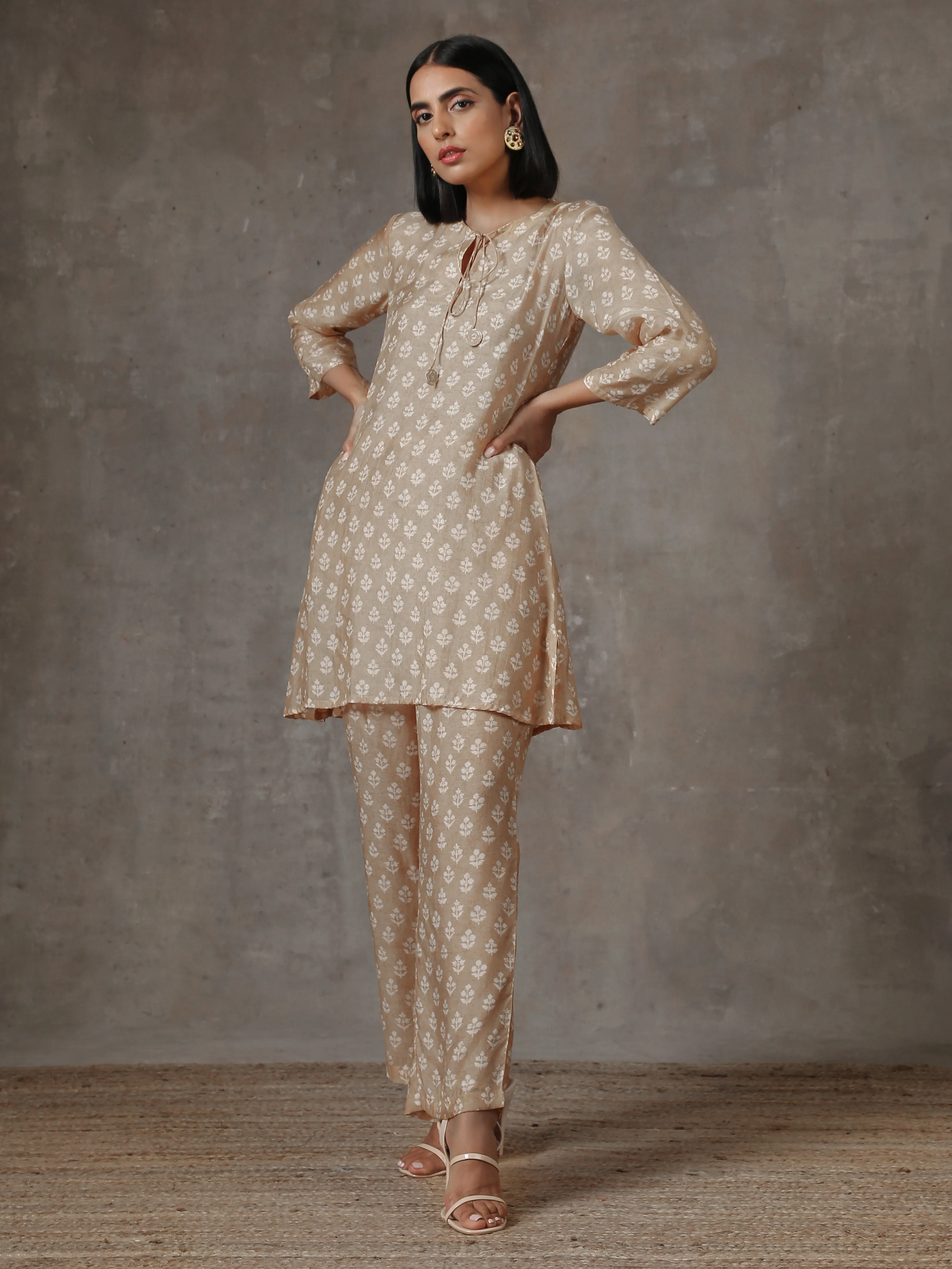 Beige White Printed Silk Co-Ord Set