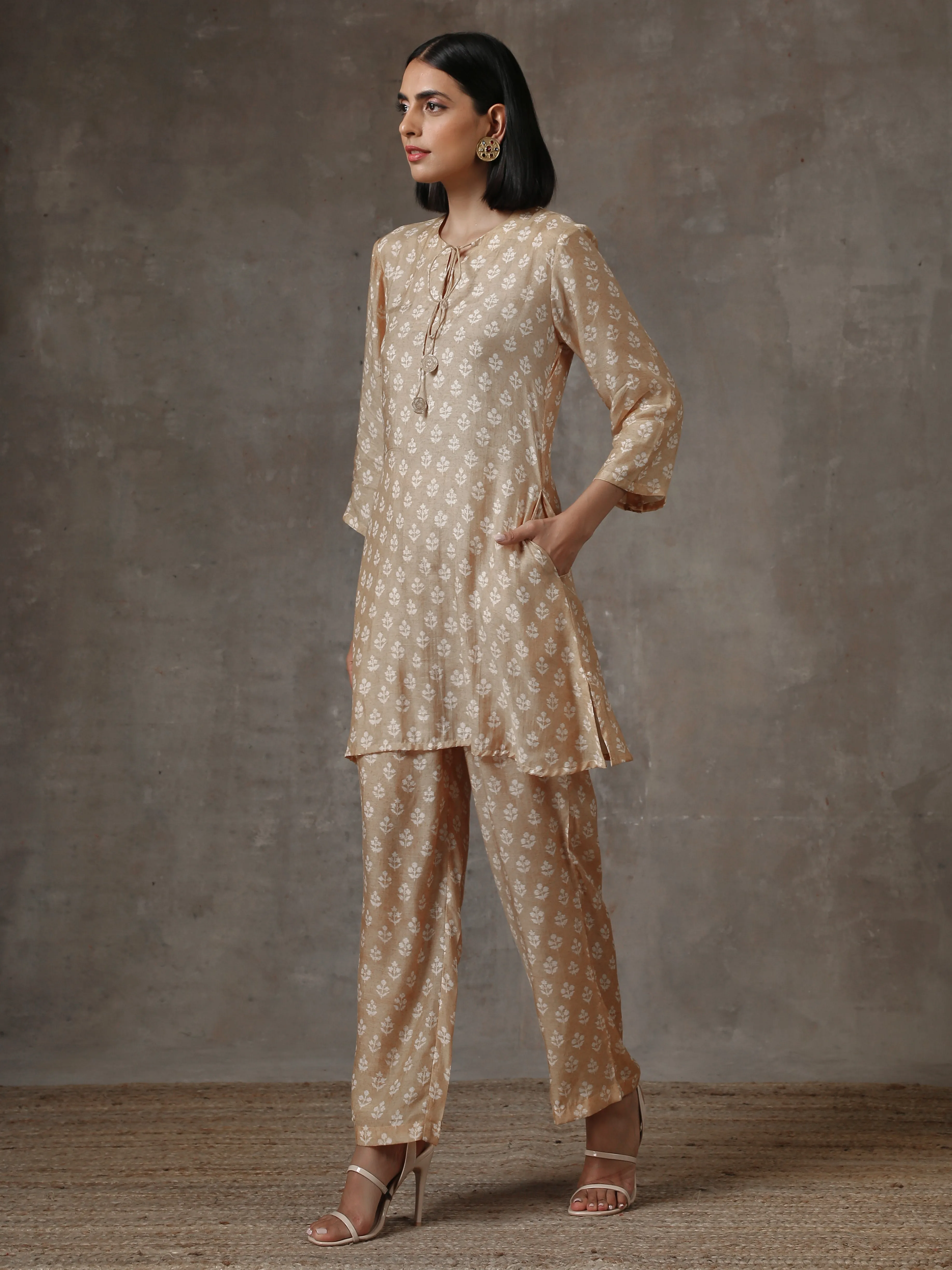 Beige White Printed Silk Co-Ord Set