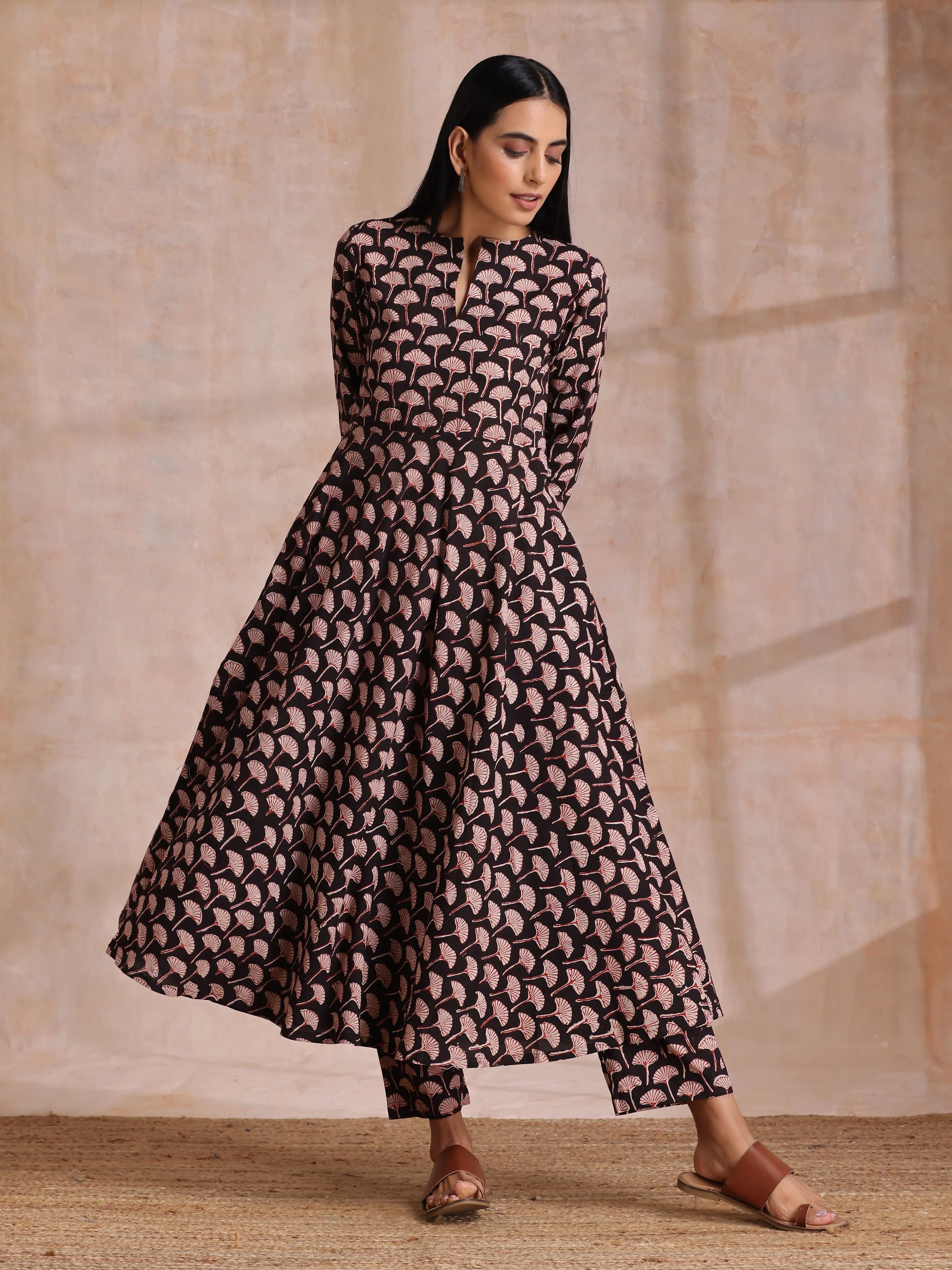 Black Floral Bagru Print Cotton Flared Kurta Pant Set