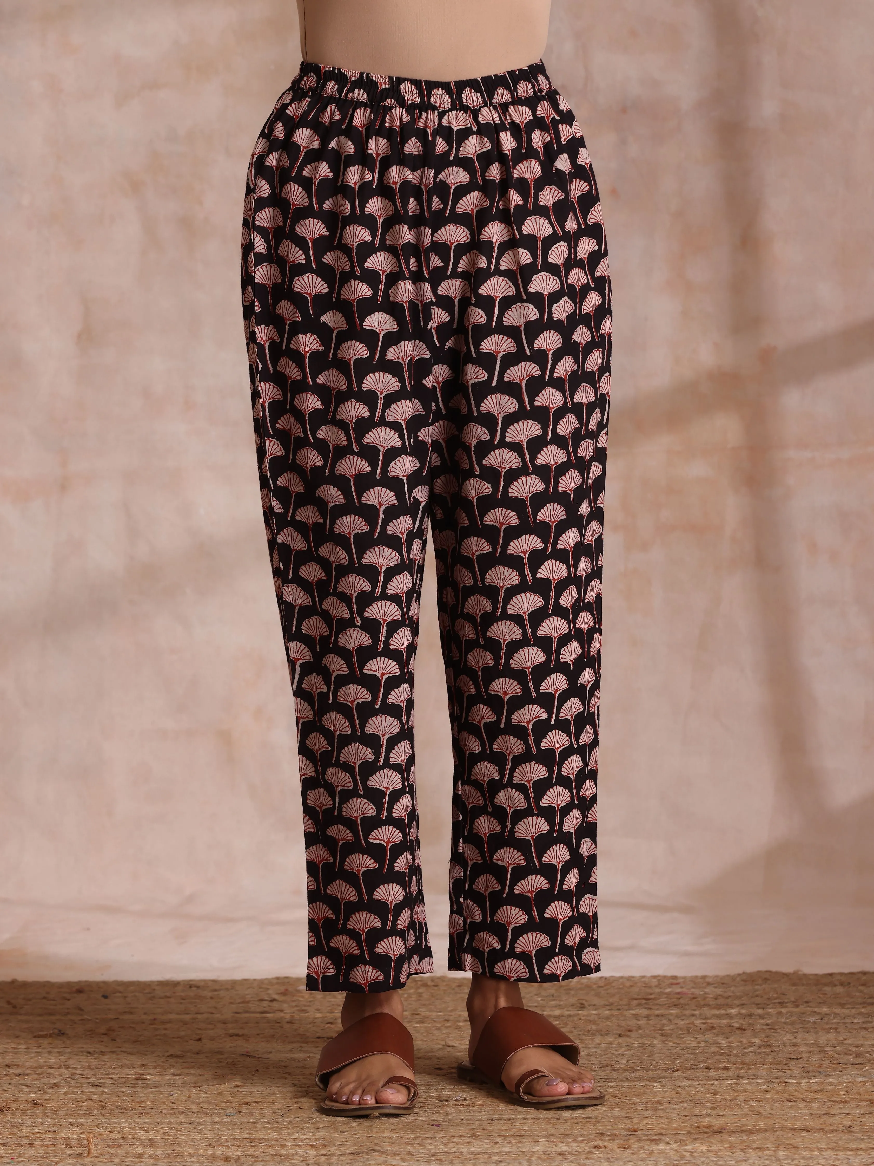 Black Floral Bagru Print Cotton Flared Kurta Pant Set