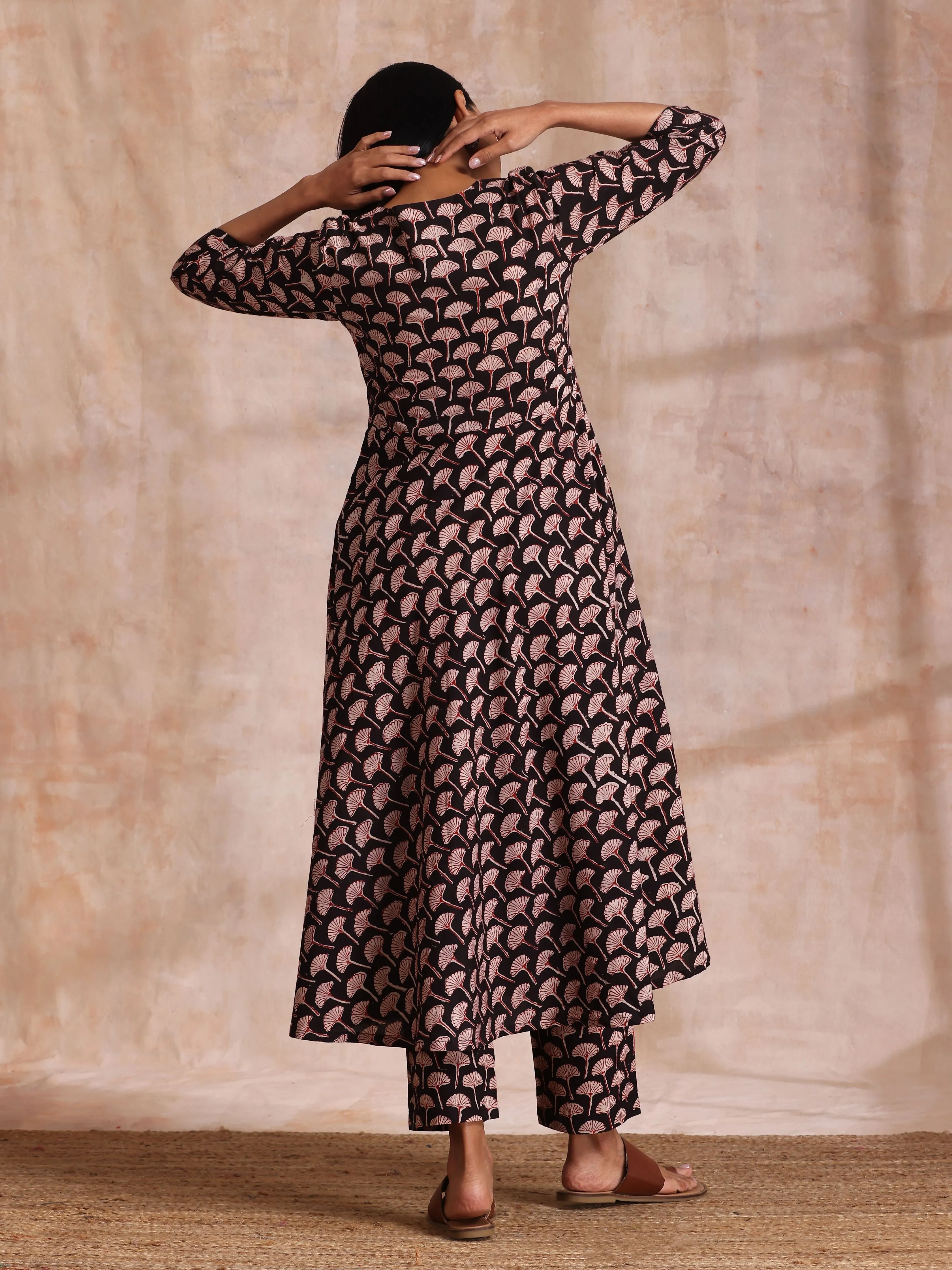 Black Floral Bagru Print Cotton Flared Kurta Pant Set