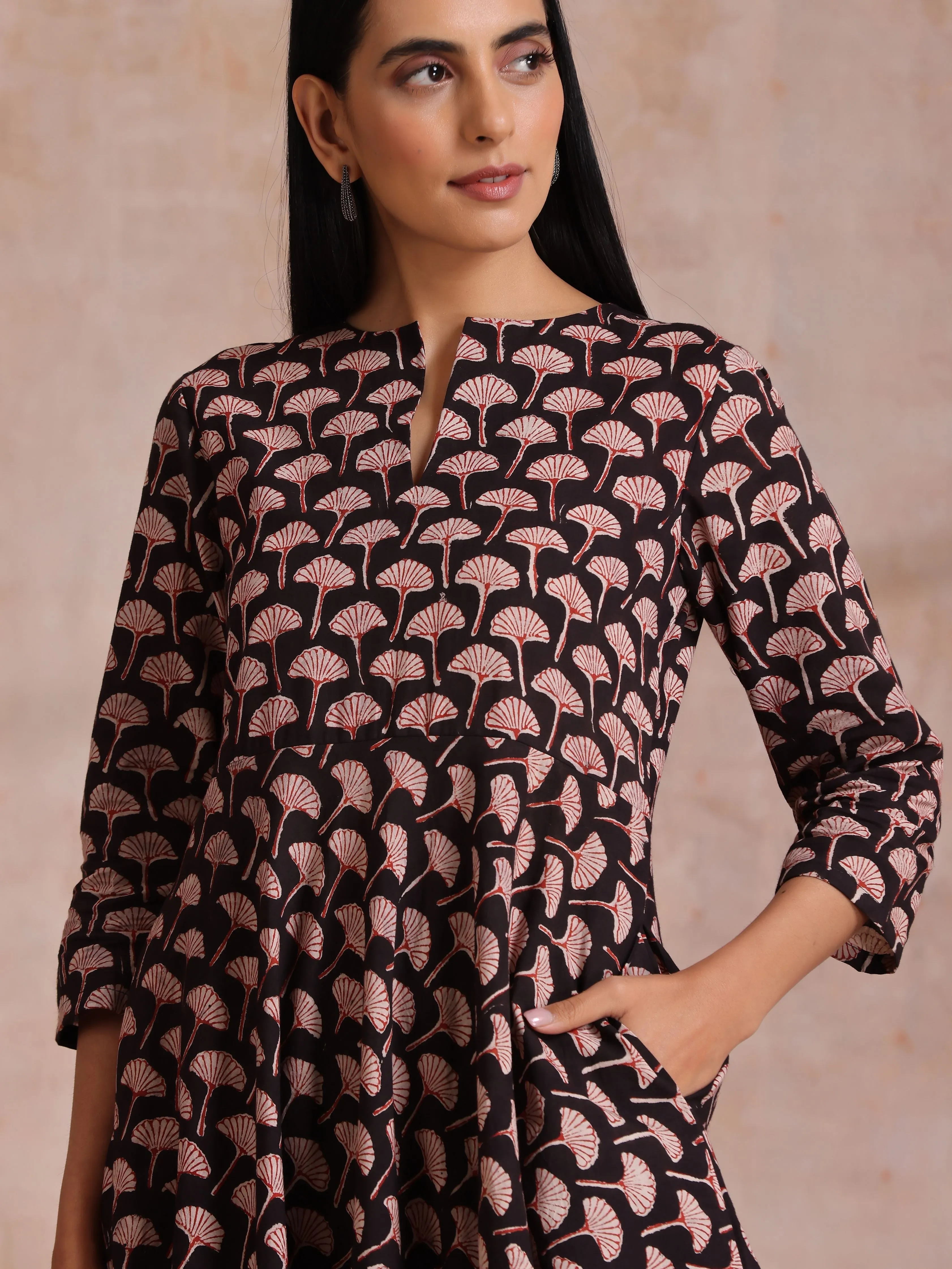 Black Floral Bagru Print Cotton Flared Kurta Pant Set