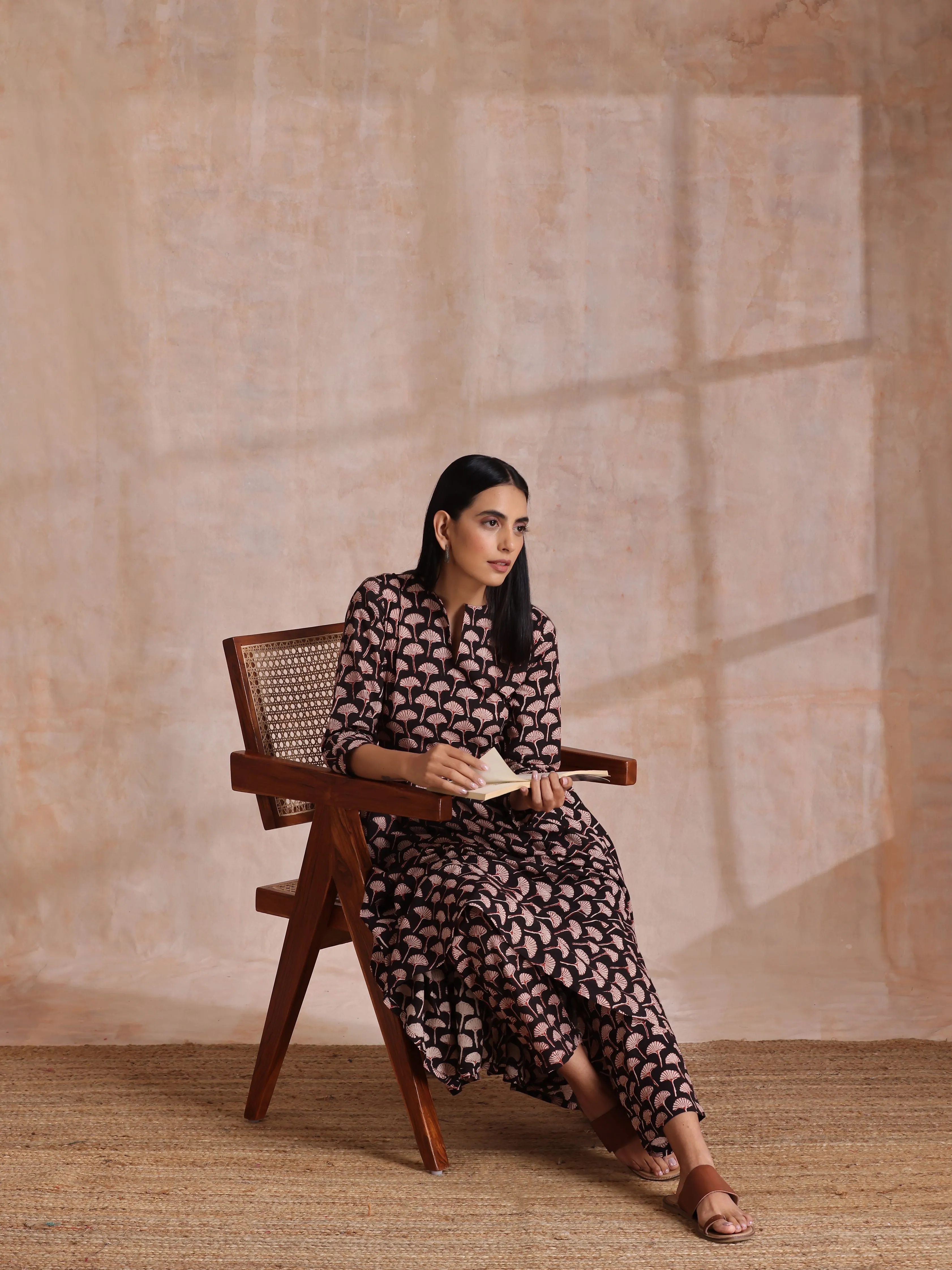 Black Floral Bagru Print Cotton Flared Kurta Pant Set