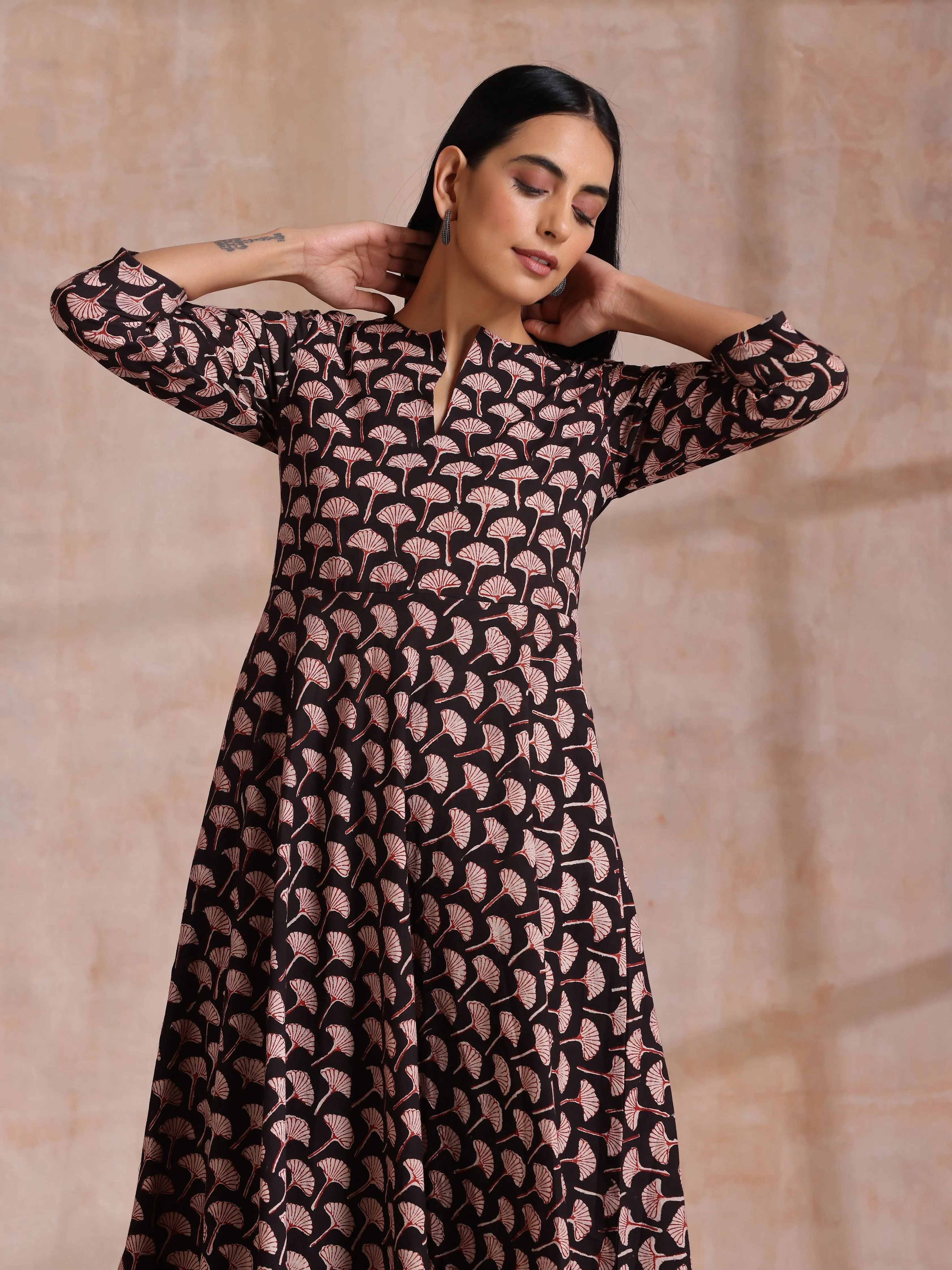 Black Floral Bagru Print Cotton Flared Kurta Pant Set