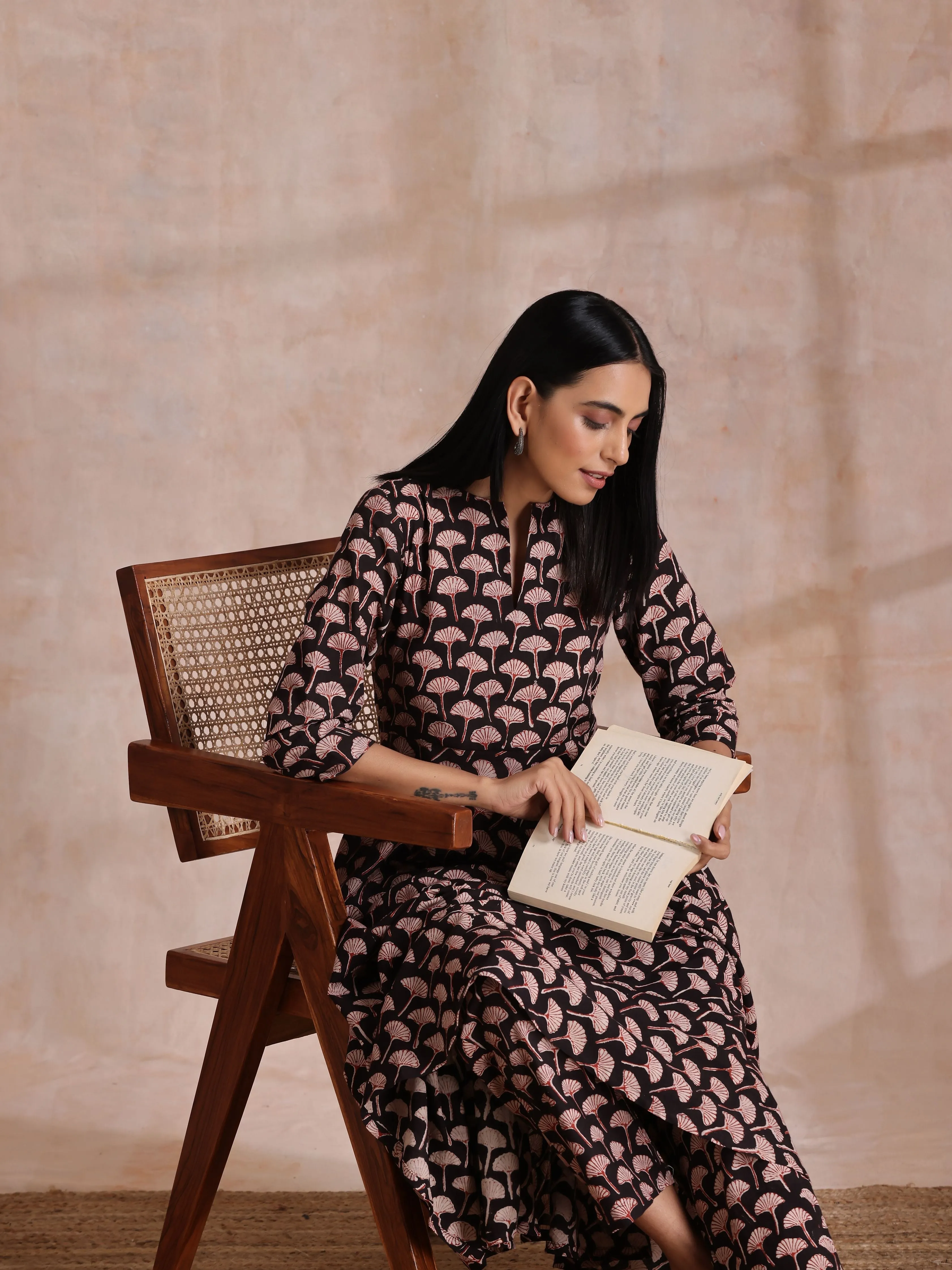 Black Floral Bagru Print Cotton Flared Kurta Pant Set