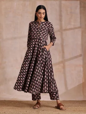 Black Floral Bagru Print Cotton Flared Kurta Pant Set