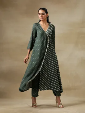Dark Green Bandhani Printed Silk Angrakha Kurta Pant Set