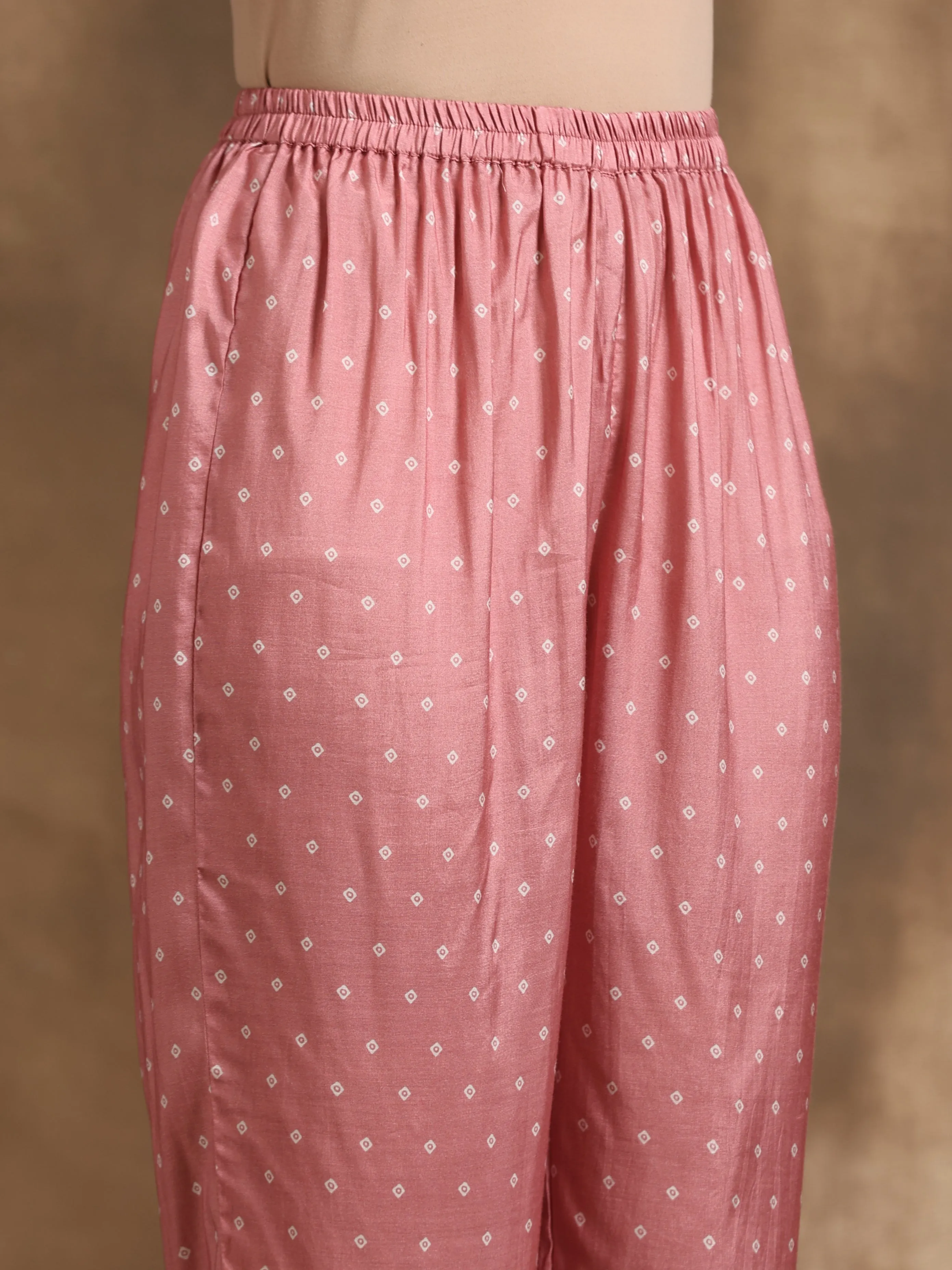 Light Mauve Bandhani Printed Silk Angrakha Kurta Pant Set
