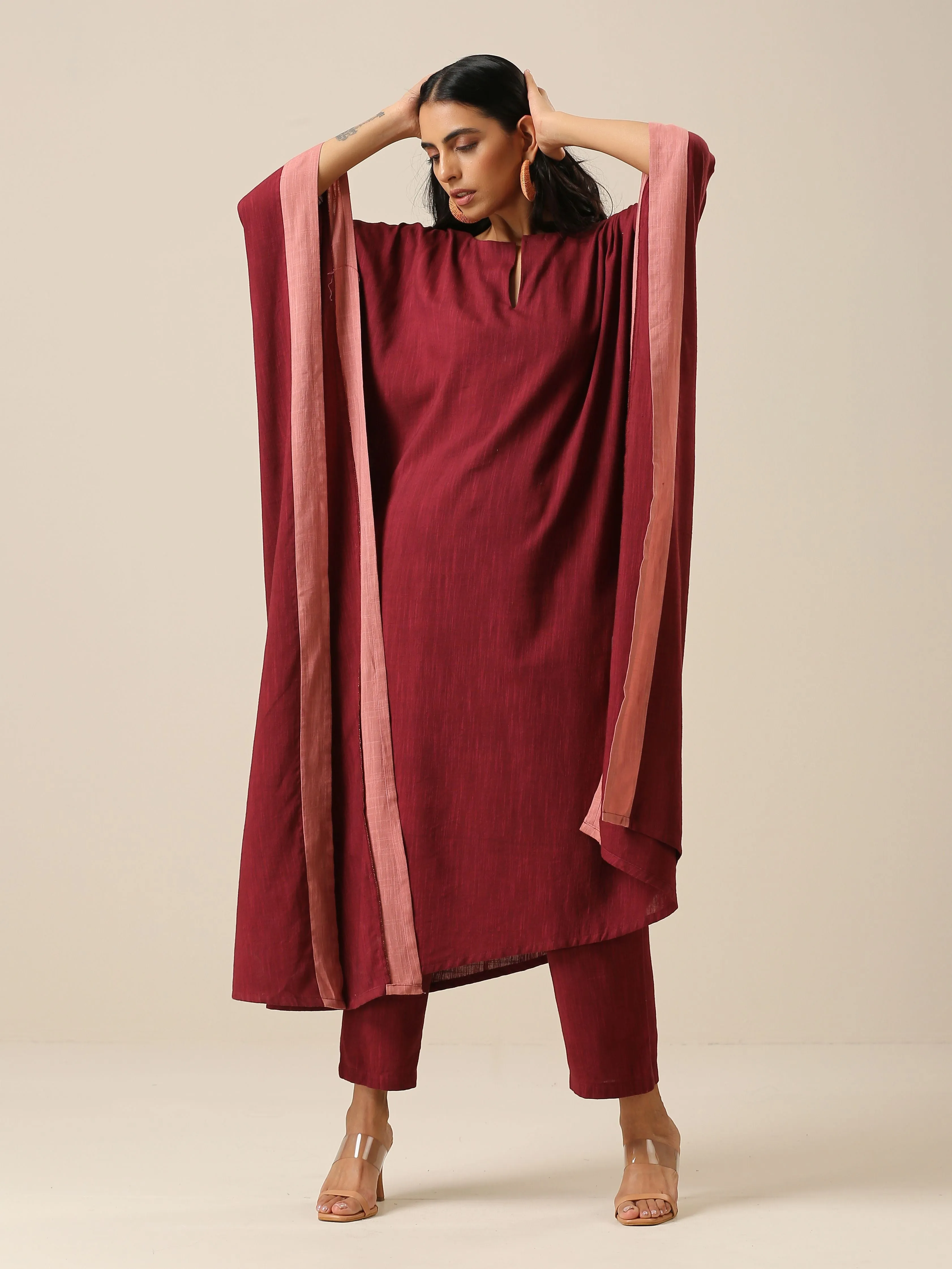 Ruby Wine Slub Texture High Low Kaftan Pant Set