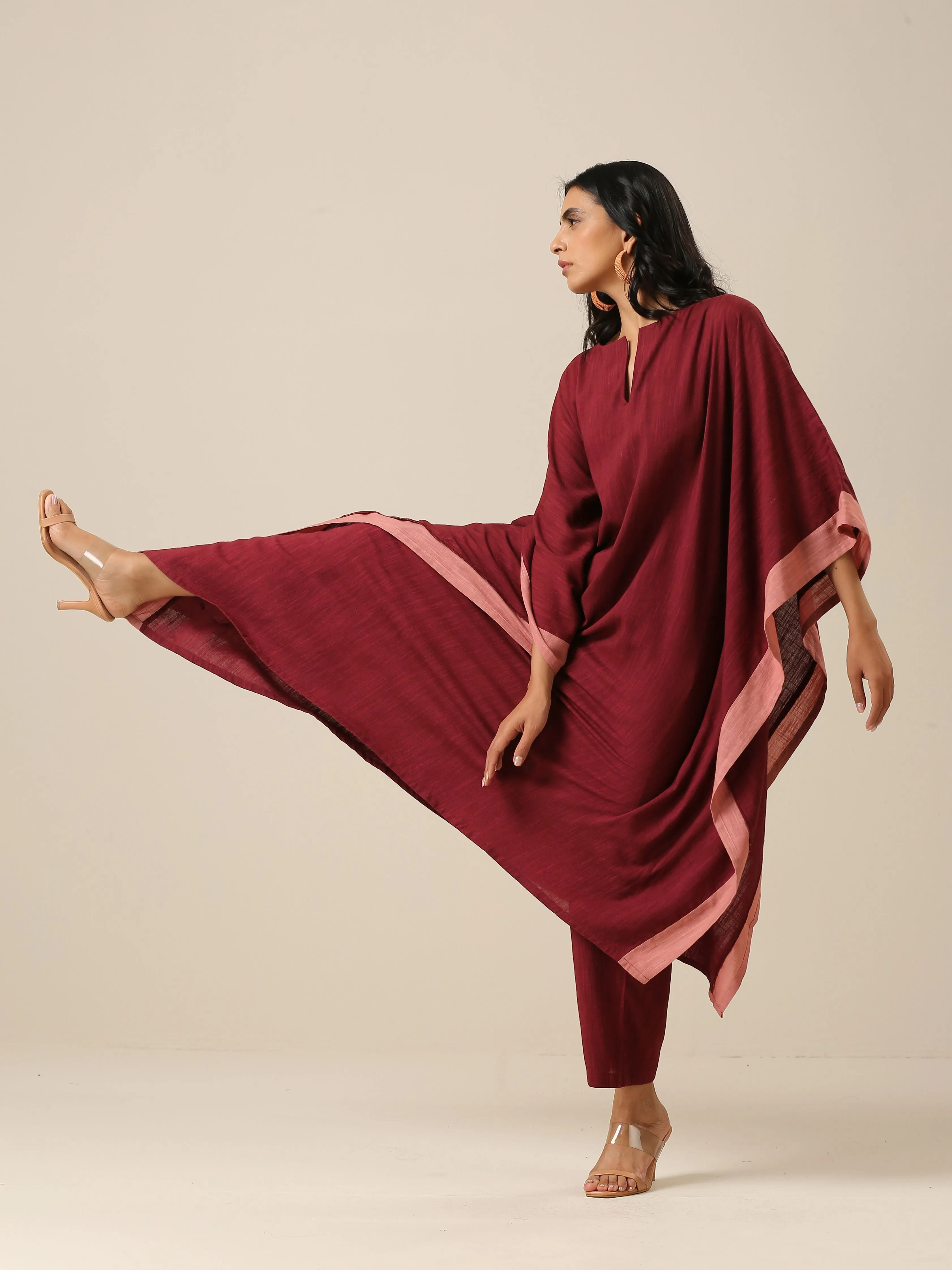 Ruby Wine Slub Texture High Low Kaftan Pant Set