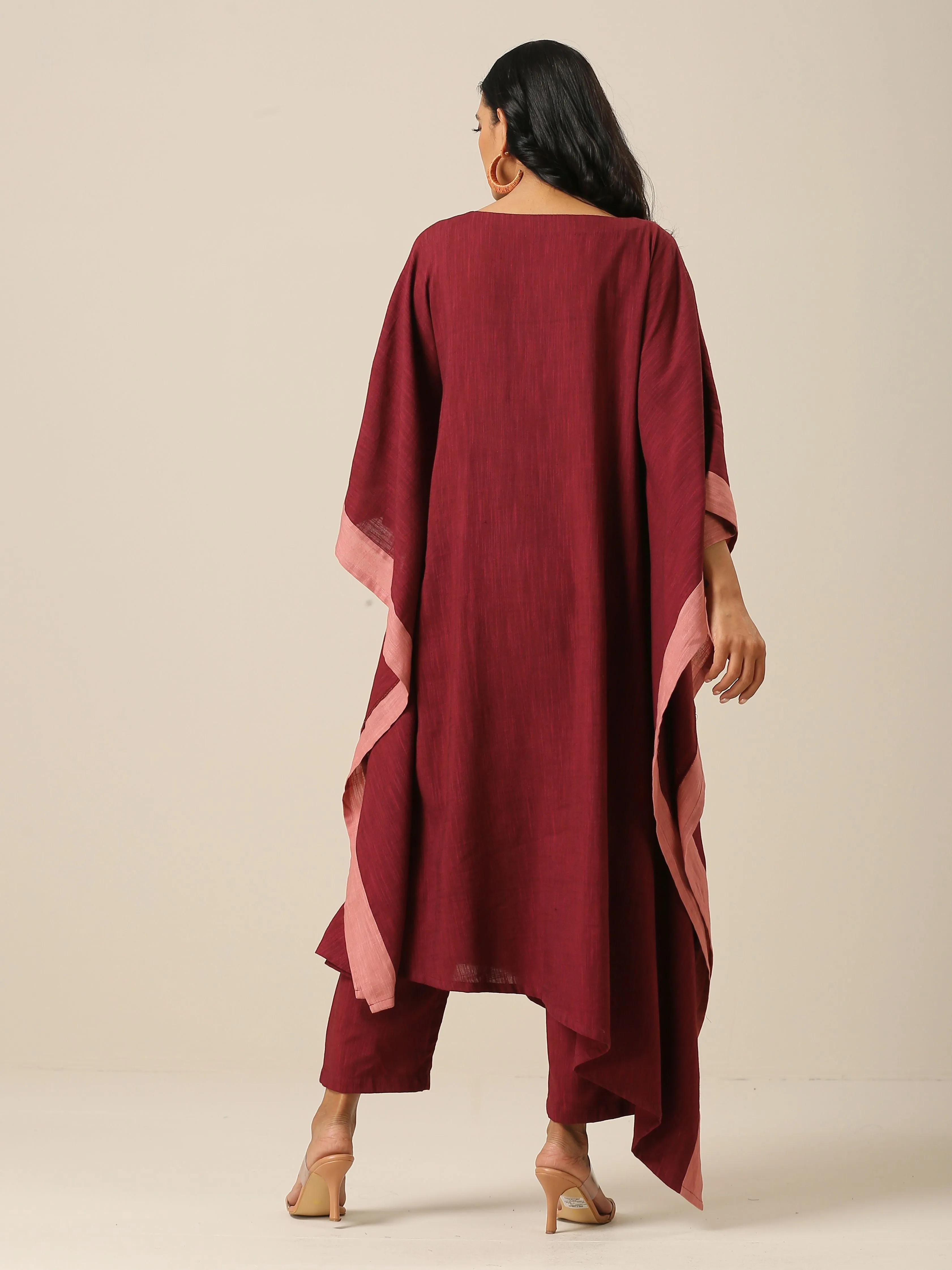 Ruby Wine Slub Texture High Low Kaftan Pant Set