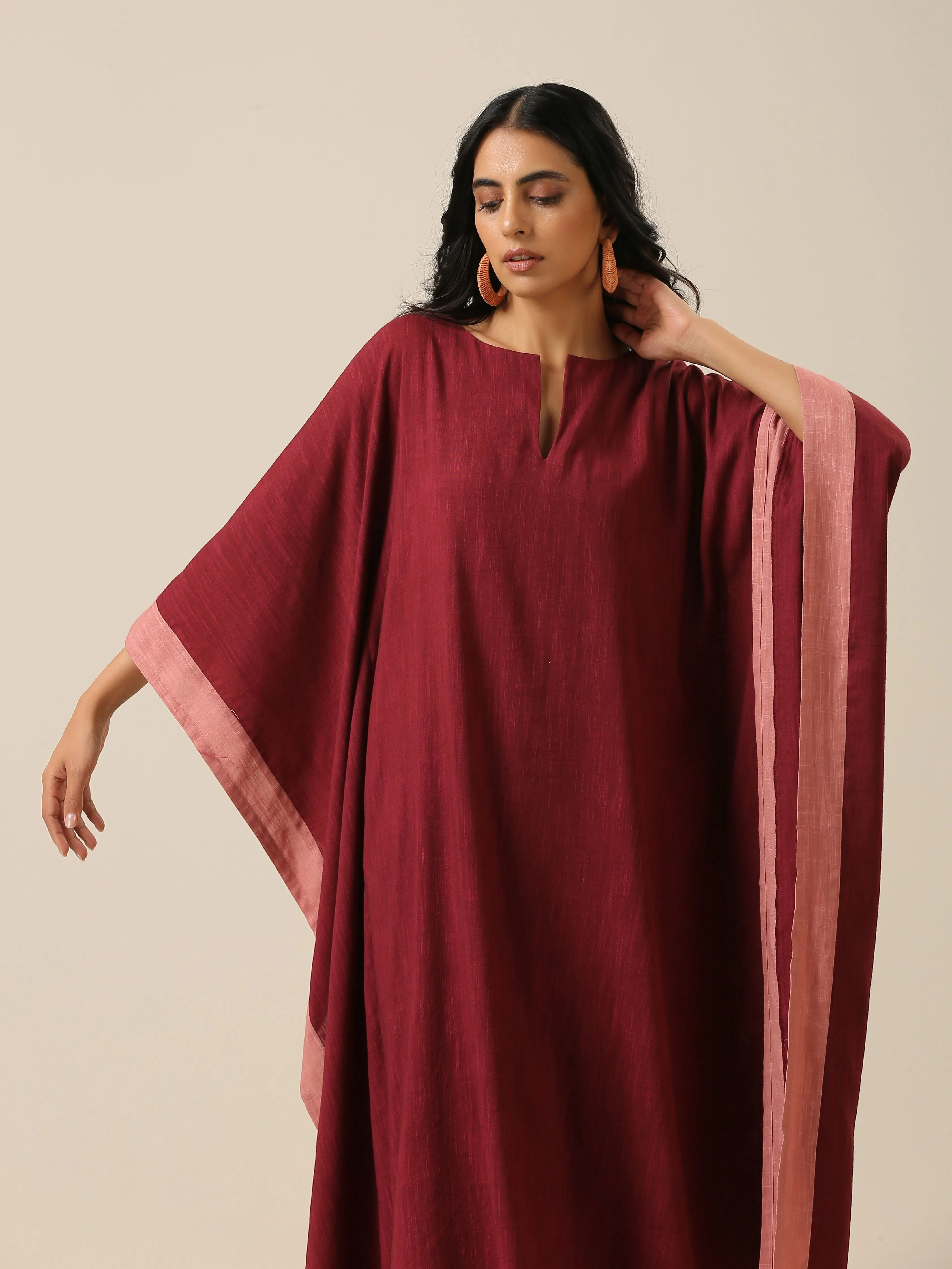 Ruby Wine Slub Texture High Low Kaftan Pant Set