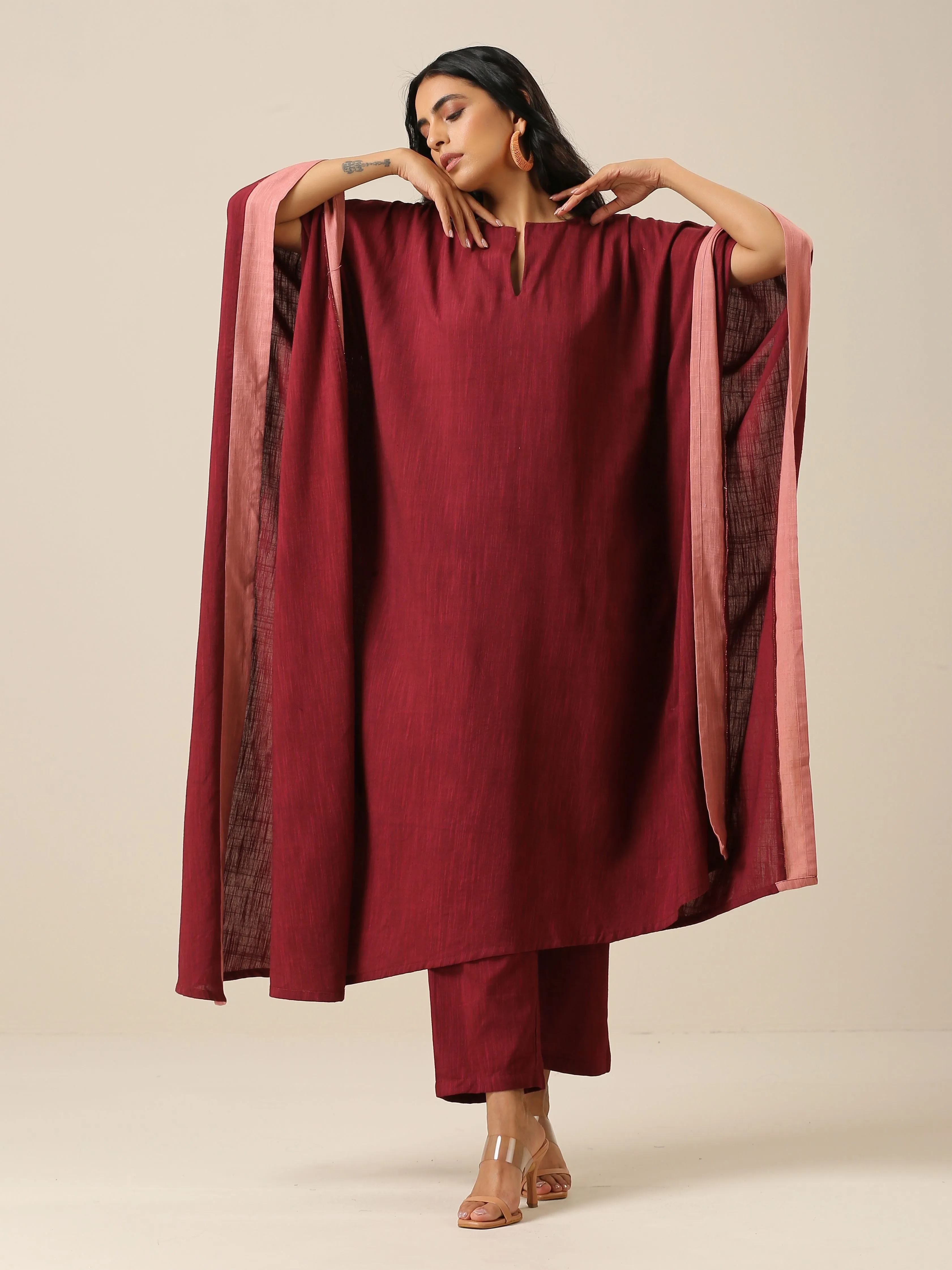Ruby Wine Slub Texture High Low Kaftan Pant Set