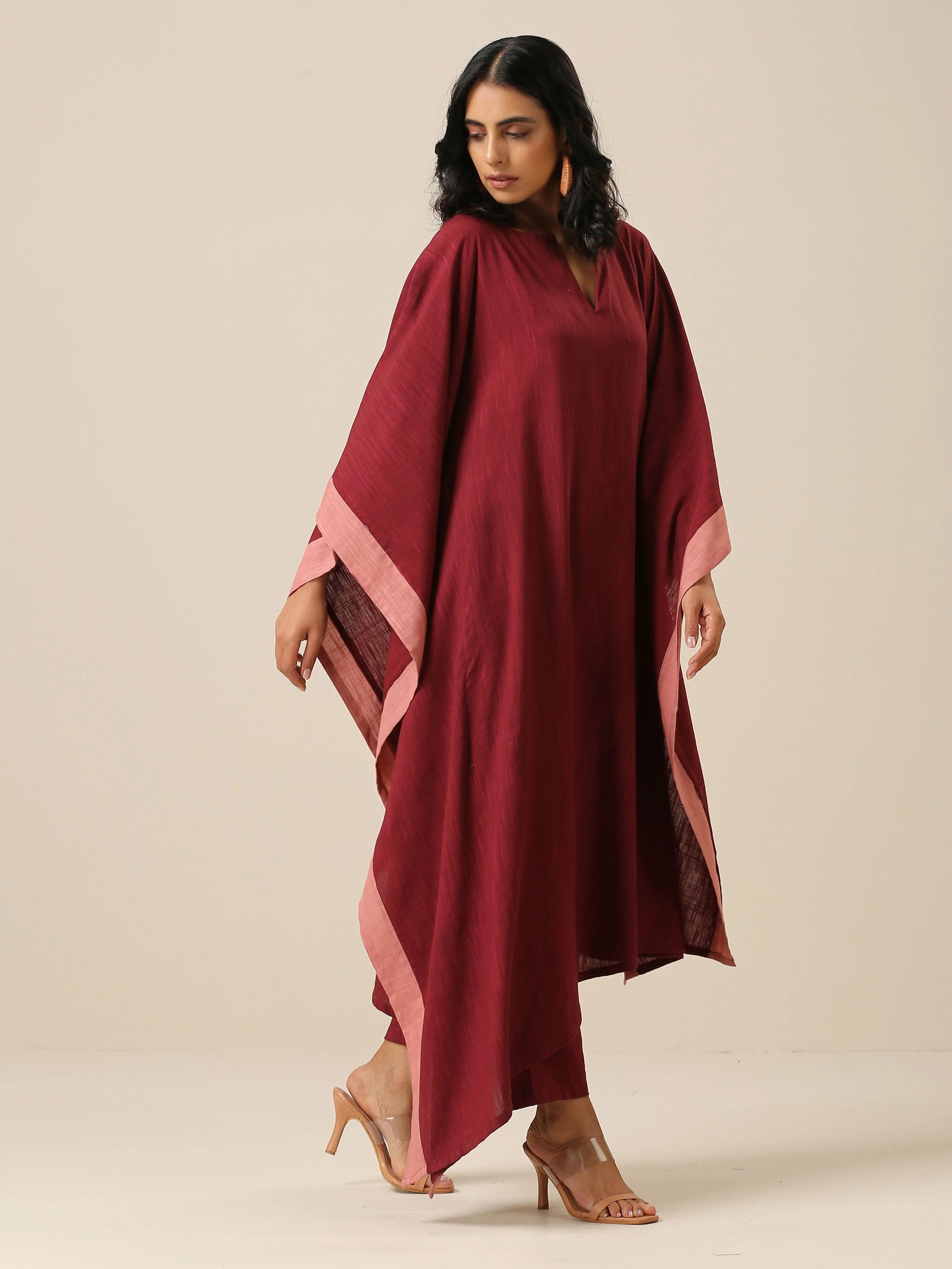 Ruby Wine Slub Texture High Low Kaftan Pant Set