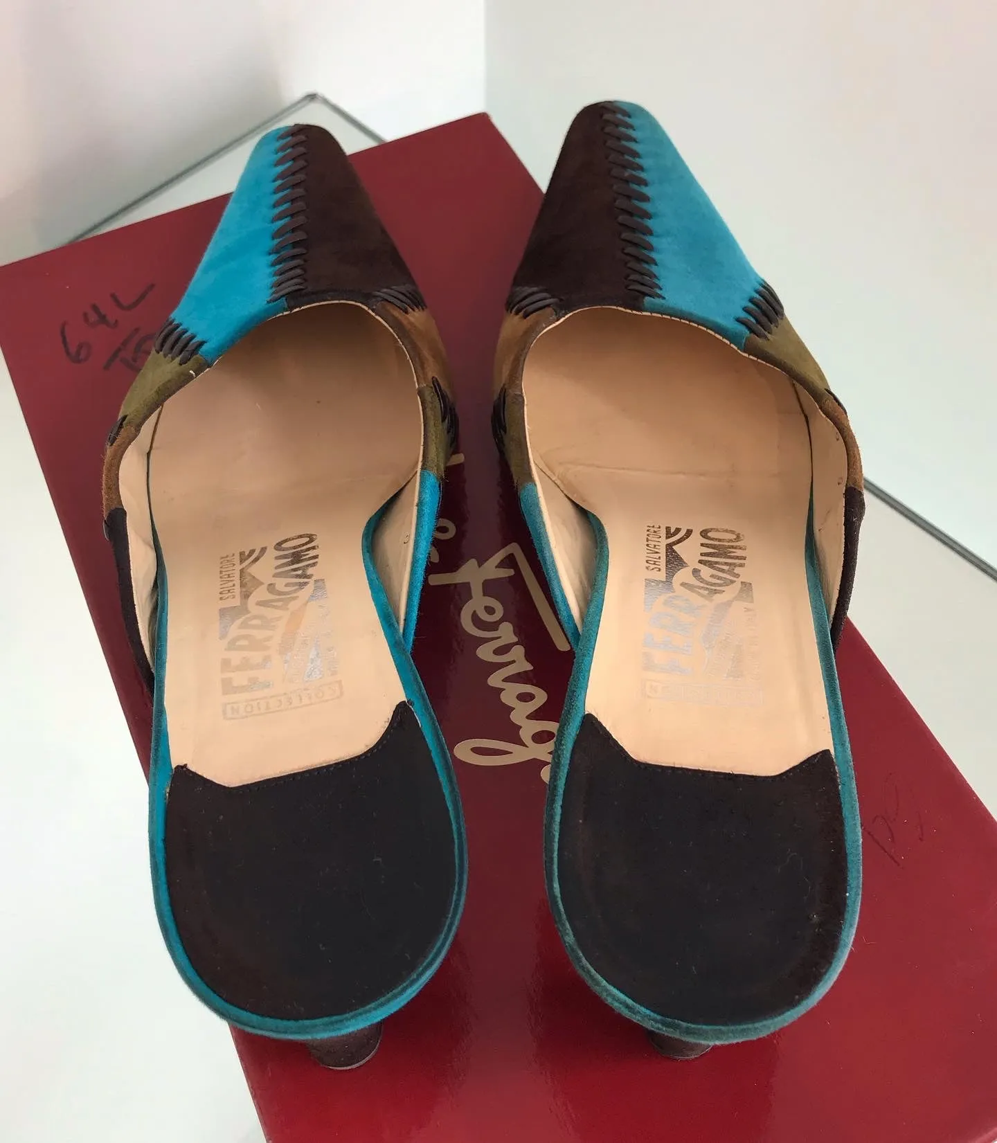 SALVATORE FERRAGAMO Colour Block Suede Pointed Mules