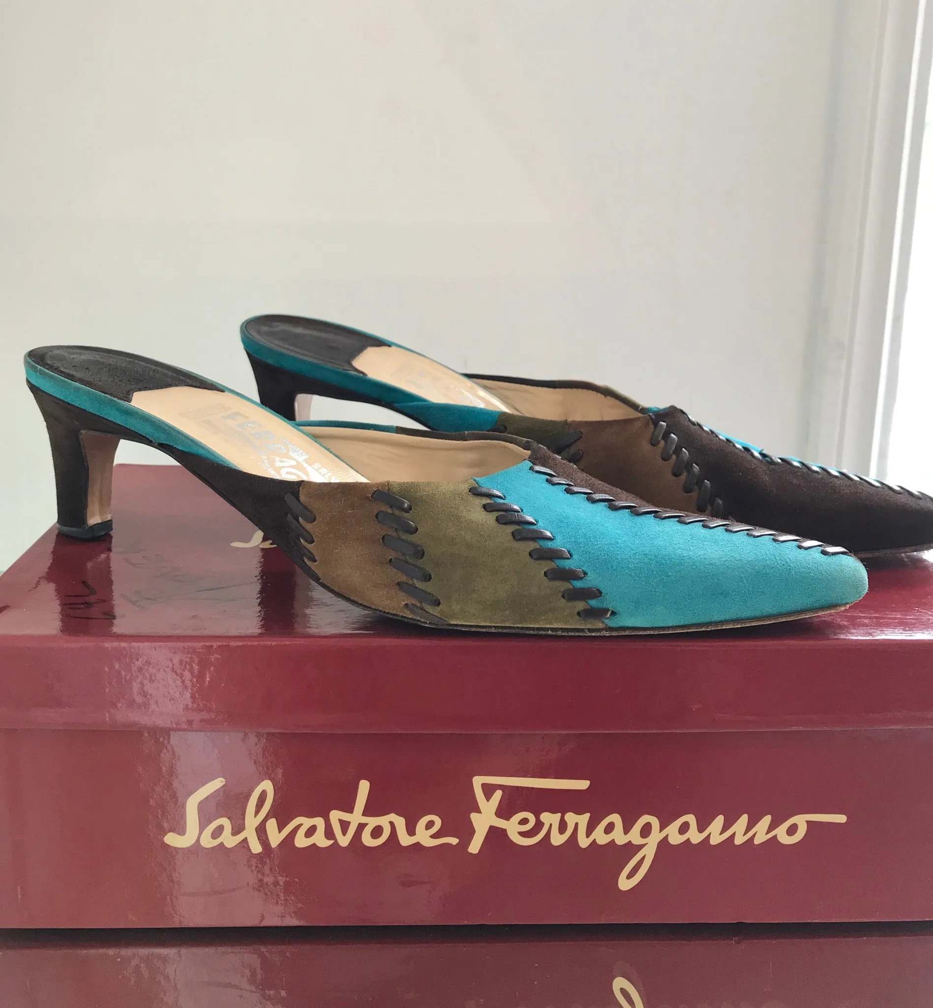 SALVATORE FERRAGAMO Colour Block Suede Pointed Mules